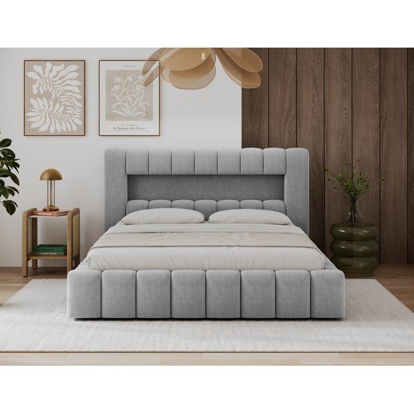 Světle šedá čalouněná dvoulůžková postel s úložným prostorem s roštem 160x200 cm Lamica – ELTAP-image-2