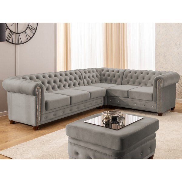 Šedá sametová rozkládací rohová pohovka (pravý roh/do L) York Blik – Ropez-image-1