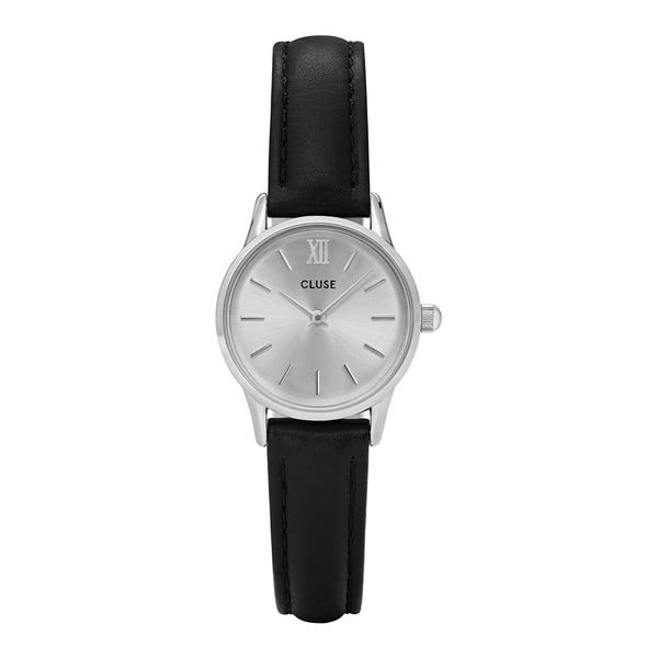 Dámské hodinky s černým koženým řemínkem s ciferníkem ve stříbrné barvě Cluse La Vedette