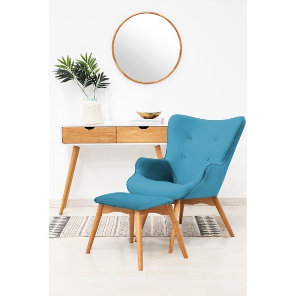 Akvamarínově modré křeslo a podnožka s podnoží v přírodní barvě Vivonita Cora Velvet-image-1
