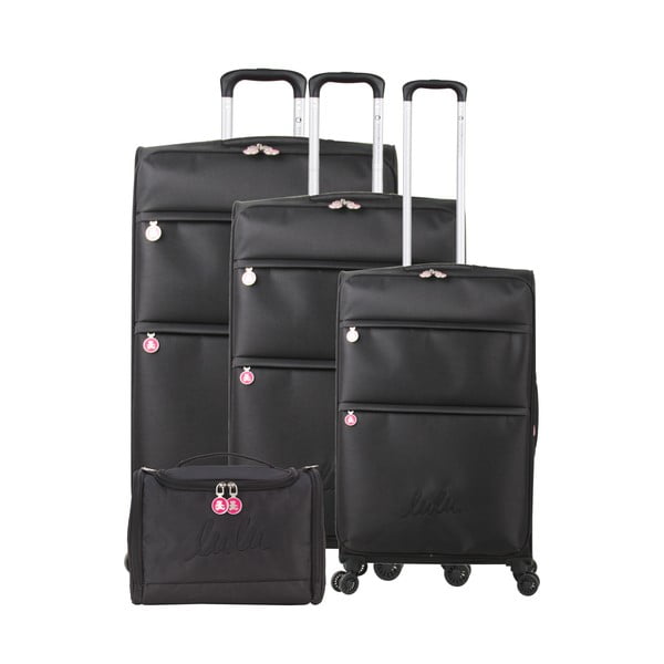Set 3 černých zavazadel na 4 kolečkách a kosmetického kufříku Lulucastagnette Bella