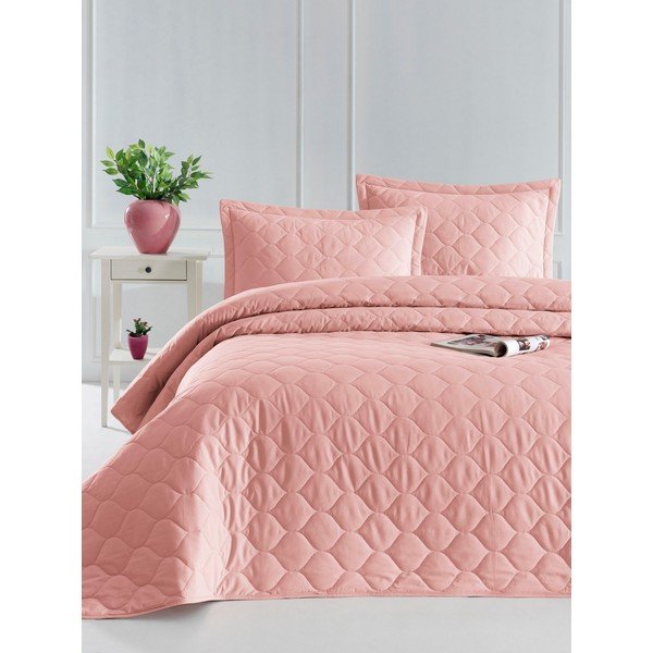 Růžový přehoz přes postel s povlakem na polštář z ranforce bavlny EnLora Home Fresh, 180 x 225 cm