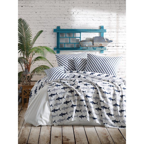 Set přehozu a povlaku na polštář EnLora Home Shark Dark Blue White, 160 x 235 cm