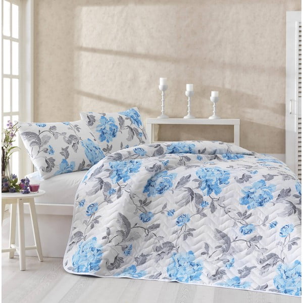 Sada přehozu přes postel a dvou povlaků na polštář Flower Blue, 200x220 cm