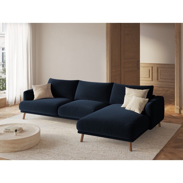 Tmavě modrá sametová rohová pohovka (pravý roh/s lenoškou) Naomi – Micadoni -image-1