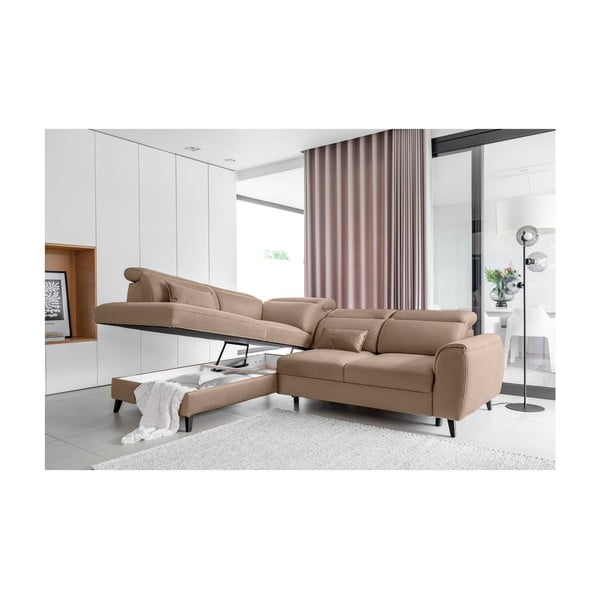 Světle hnědá sametová rozkládací/s úložným prostorem rohová pohovka (levý roh/do L) Noble – ELTAP-image-3