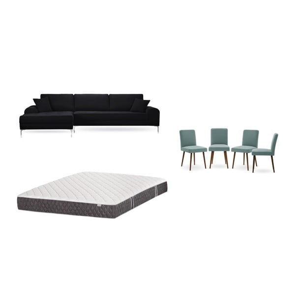 Set černé pohovky s lenoškou vlevo, 4 šedozelených židlí a matrace 160 x 200 cm Home Essentials