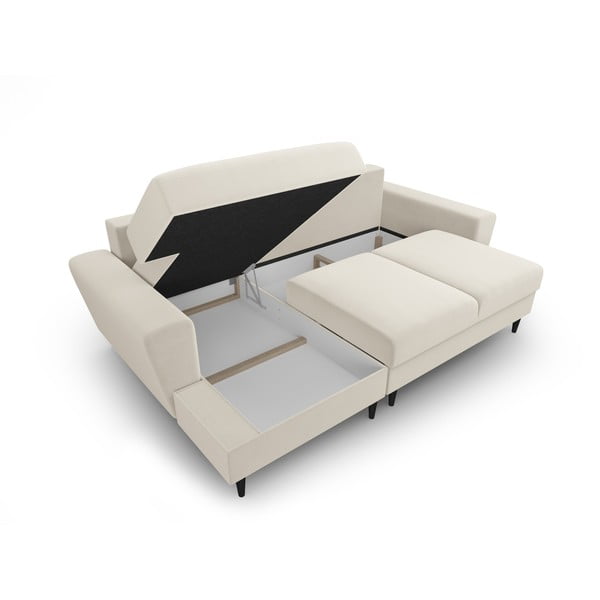 Béžová sametová rozkládací/s úložným prostorem rohová pohovka (levý roh/s lenoškou) Kyoto – Cosmopolitan Design-image-3