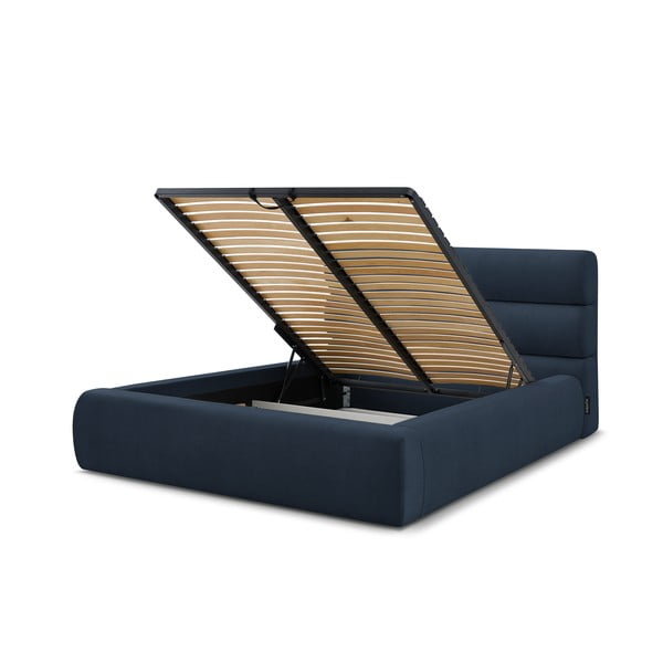 Tmavě modrá čalouněná dvoulůžková postel s úložným prostorem s roštem 180x200 cm Jagna – Bobochic Paris-image-4