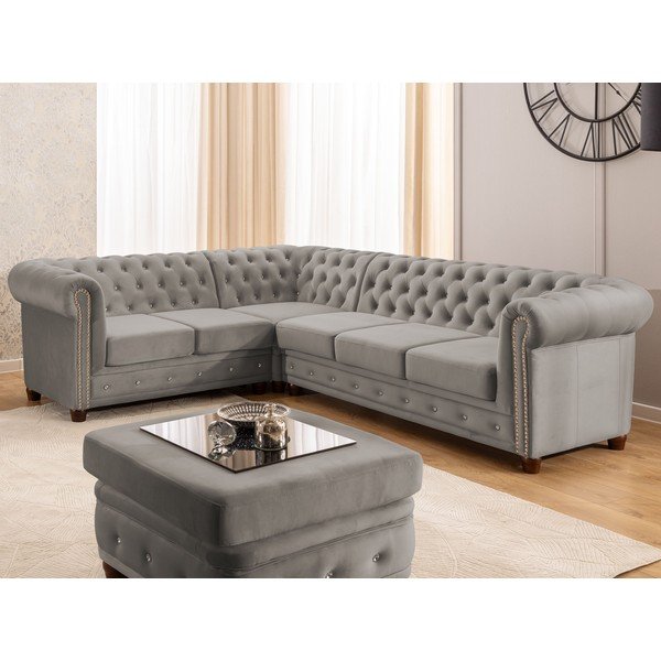 Šedá sametová rozkládací rohová pohovka (levý roh/do L) York Blik – Ropez-image-1