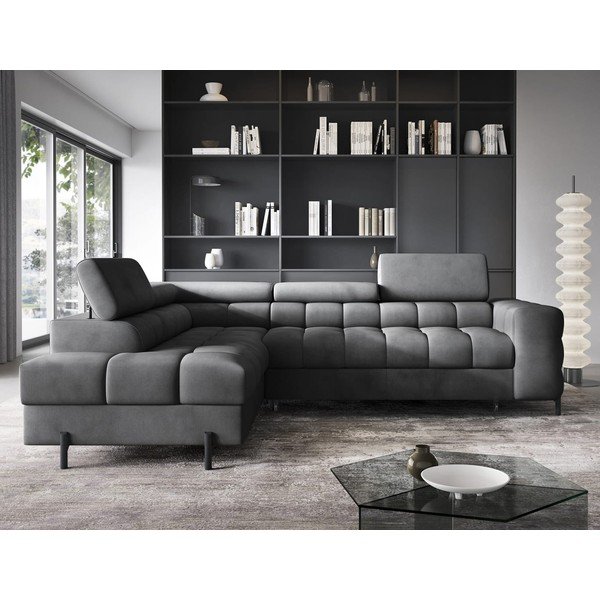 Tmavě šedá sametová rozkládací/s úložným prostorem rohová pohovka (levý roh/do L) Ferucce – ELTAP-image-1