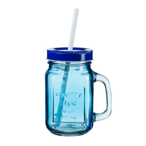 Modrá sklenice s víčkem a brčkem SUMMER FUN II, 450 ml
