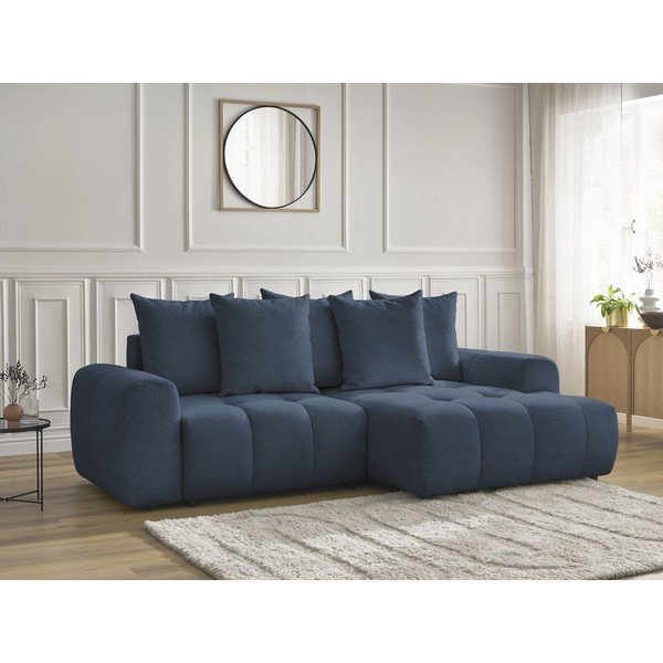 Modrá žinylková rozkládací/s úložným prostorem rohová pohovka (pravý roh/s lenoškou) Roxelane – Bobochic Paris-image-3