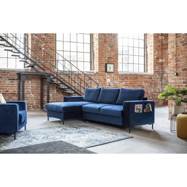 Námořnicky modrá sametová rozkládací rohová pohovka Miuform Lofty Lilly, levý roh-image-3