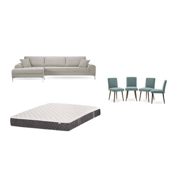 Set krémové pohovky s lenoškou vlevo, 4 šedozelených židlí a matrace 160 x 200 cm Home Essentials