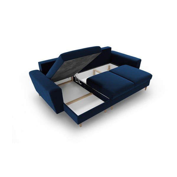 Modrá sametová rozkládací/s úložným prostorem rohová pohovka Kyoto – Cosmopolitan Design-image-3