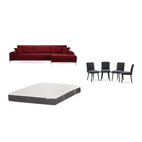 Set červené pohovky s lenoškou vpravo, 4 antracitově šedých židlí a matrace 160 x 200 cm Home Essentials