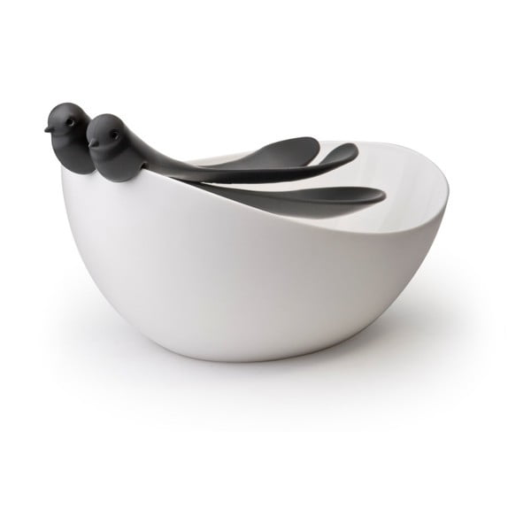 Bílo-černý salátový set s mísou Qualy&CO Sparrow Salad Bowl