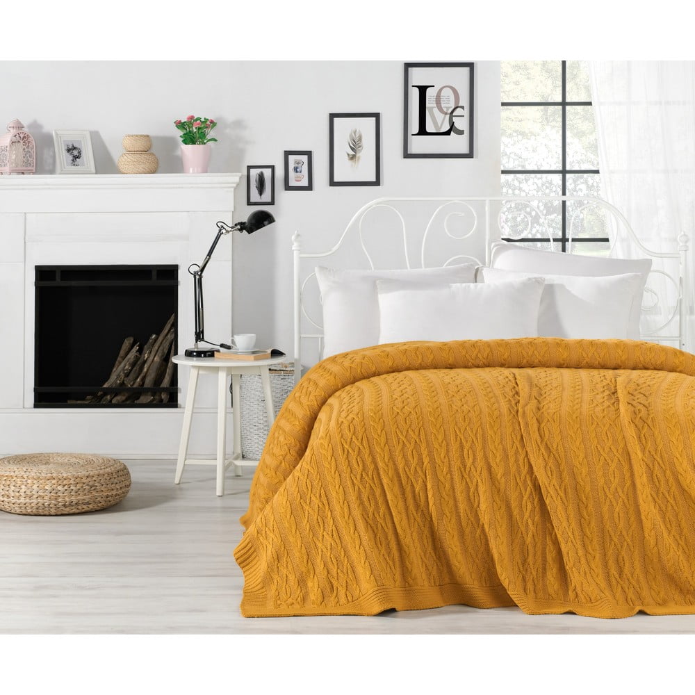 Hořčicově žlutý přehoz přes postel s příměsí bavlny Homemania Decor Knit, 220 x 240 cm