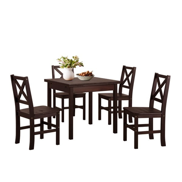 Set tmavě hnědého jídelního stolu a 4 židlí z borovicového dřeva Støraa Marlon
