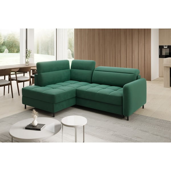 Zelená sametová rozkládací/s úložným prostorem rohová pohovka (levý roh/do L) Barea – ELTAP-image-3