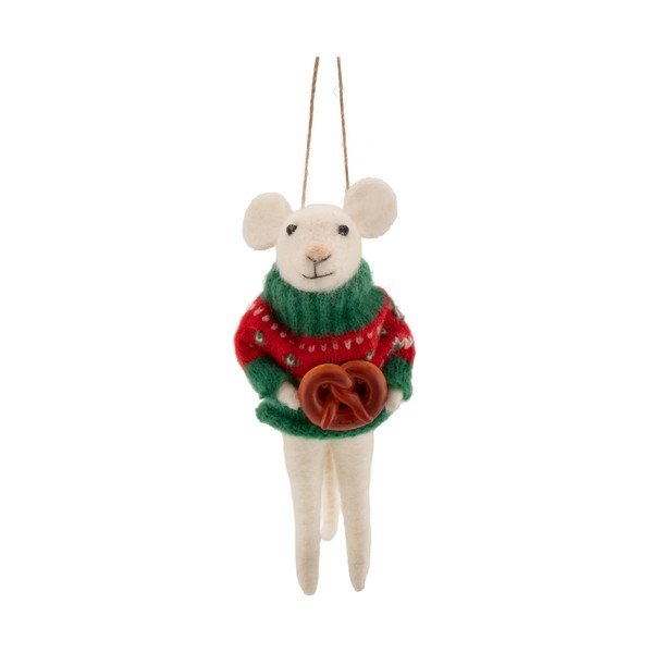 Textilní vánoční ozdoba 6 cm Mouse with Pretzel – Sass & Belle