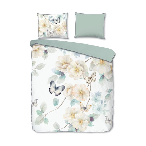 Bílé/zelené povlečení na dvoulůžko/prodloužené z bavlněného saténu 200x220 cm Adiwanya – Descanso