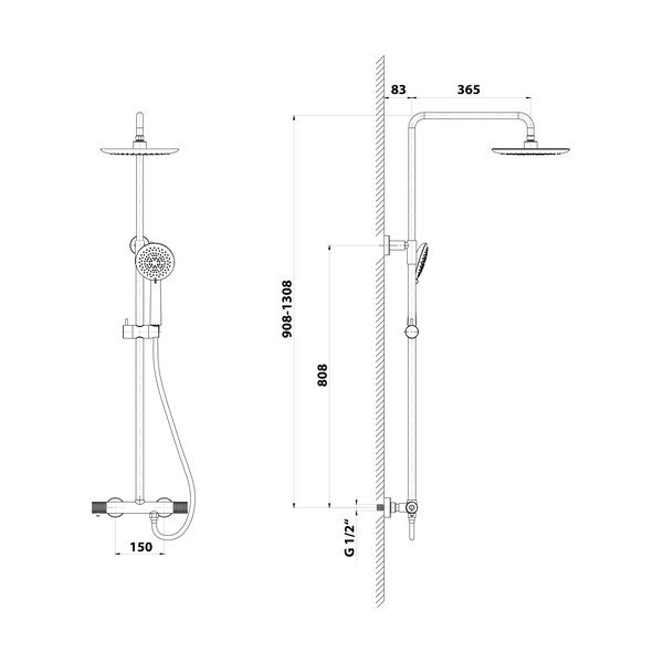 Matně černý mosazný sprchový set s termostatickou baterií s hlavovou sprchou/s ruční sprchou 131 cm Solaris – Sapho-image-1