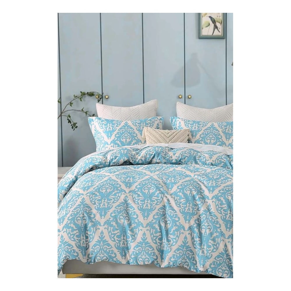 Modro-šedé 4dílné prodloužené povlečení na dvoulůžko s prostěradlem z bavlny Renforcé 200x220 cm Damask – Mila Home