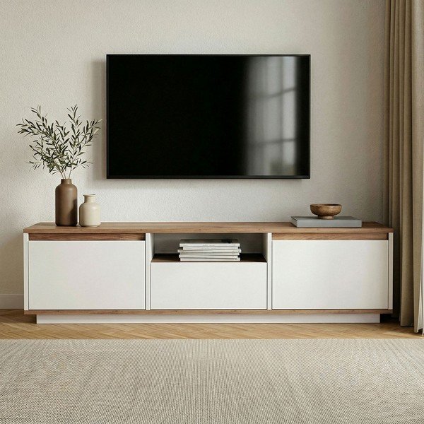 Bílý/v přírodní barvě TV stolek v dekoru borovice 160x42x30 cm Sentinel – Kalune Design-image-2