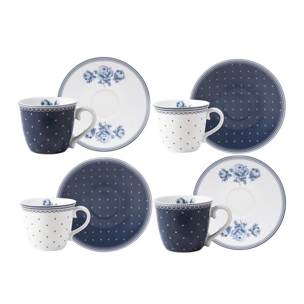 Sada 4 porcelánových hrnků na espresso s podšálky Creative Tops Vintage Indigo