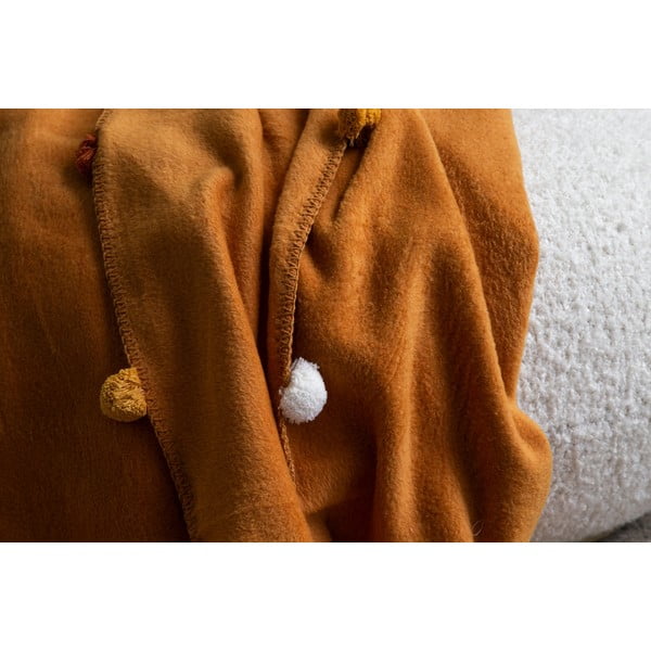 Fleecový přehoz v hořčicové barvě 200x220 cm Pom Pom – Mijolnir-image-2