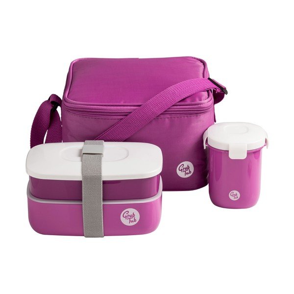 Set tmavě růžového svačinového boxu, hrníčku a tašky Premier Housewares Grub Tub, 21 x 13 cm