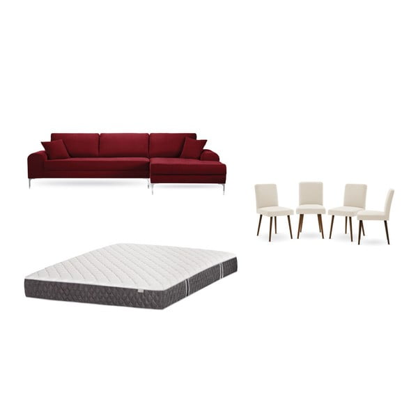Set červené pohovky s lenoškou vpravo, 4 krémových židlí a matrace 160 x 200 cm Home Essentials