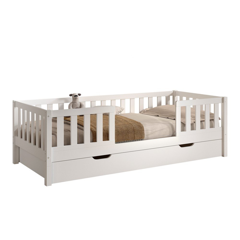 White children's pine wood bed with pull-out bed, storage space and slatted base 90x200 cm Dallas – Vipack
