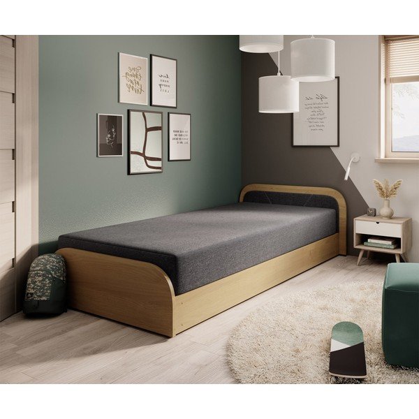 Okrově žlutá/tmavě šedá čalouněná/z dřevotřísky jednolůžková postel s úložným prostorem s matrací 80x190 cm Parys – ELTAP-image-1