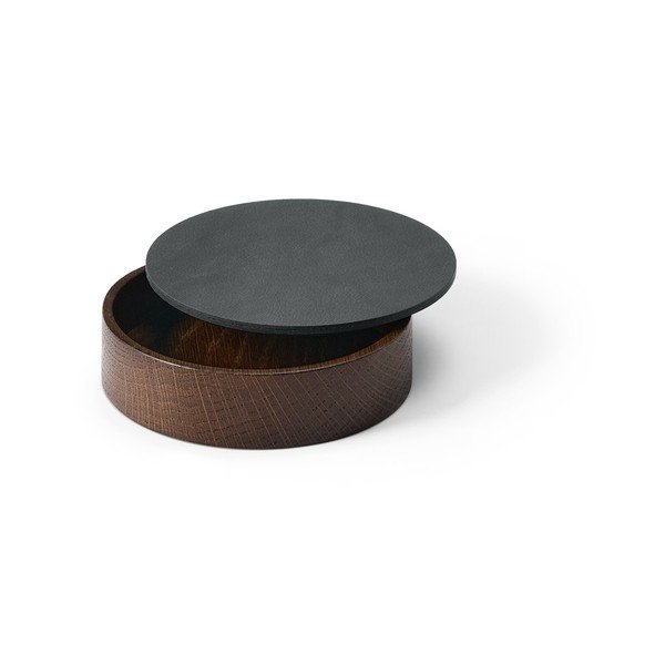 Antracitový/hnědý dřevěný/z eko kůže úložný box s víkem/dekorativní ø 11x3,5 cm Circle Nupo – LIND DNA-image-1