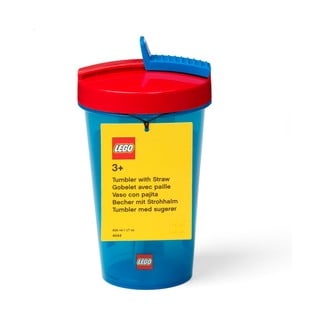 Modrý kelímek s červeným víčkem a brčkem LEGO® Iconic, 500 ml