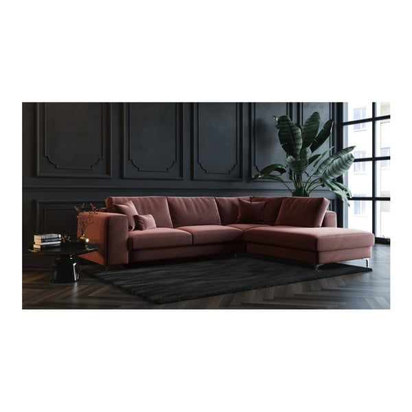 Tmavě růžová sametová rozkládací rohová pohovka Devichy Rothe, pravý roh-image-3