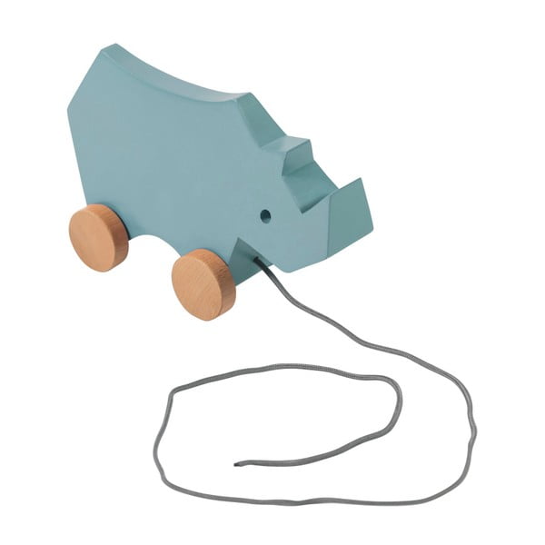 Dřevěná modrá dětská tahací hračka na kolečkách Sebra Rhino