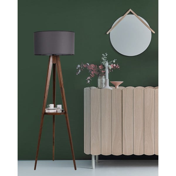 Černá/hnědá stojací lampa s poličkou s textilním stínidlem (výška 154 cm) Sehbali Tripod – Opviq lights-image-1