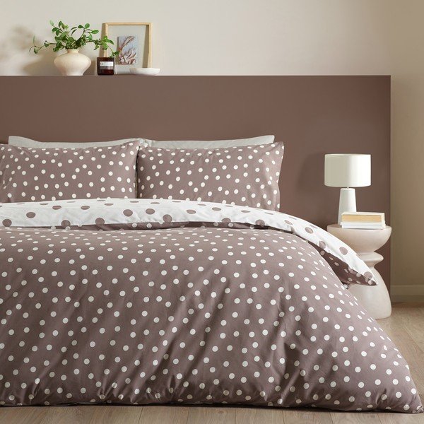 Bílé/tmavě hnědé povlečení na dvoulůžko 200x200 cm Polka Dot – Catherine Lansfield