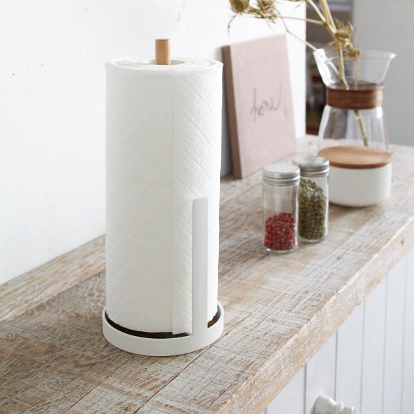 Bílý stojánek na roli papírových utěrek s detailem z bukového dřeva YAMAZAKI Tosca-image-3