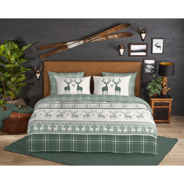 Zeleno-krémové prodloužené flanelové povlečení na dvoulůžko 200x220 cm Bjirk – Good Morning-image-1