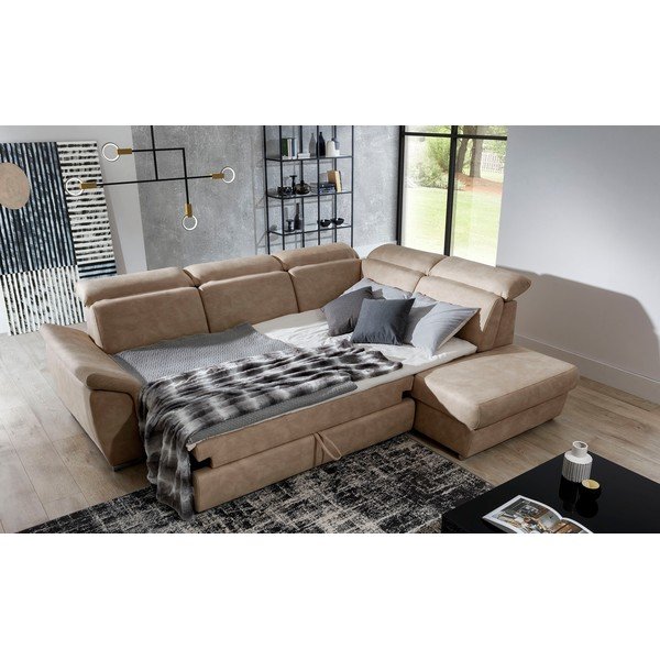 Béžová sametová rozkládací/s úložným prostorem rohová pohovka (pravý roh/do L) Loreto – ELTAP-image-4