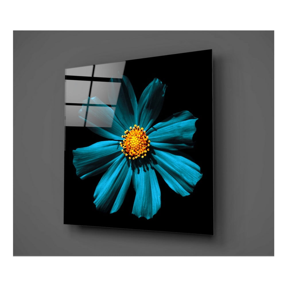 Černo-tyrkysový skleněný obraz Insigne Flowerina, 30 x 30 cm