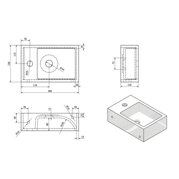 Bílé malé umyvadlo z litého mramoru Sapho Alabama, pravá strana-image-3