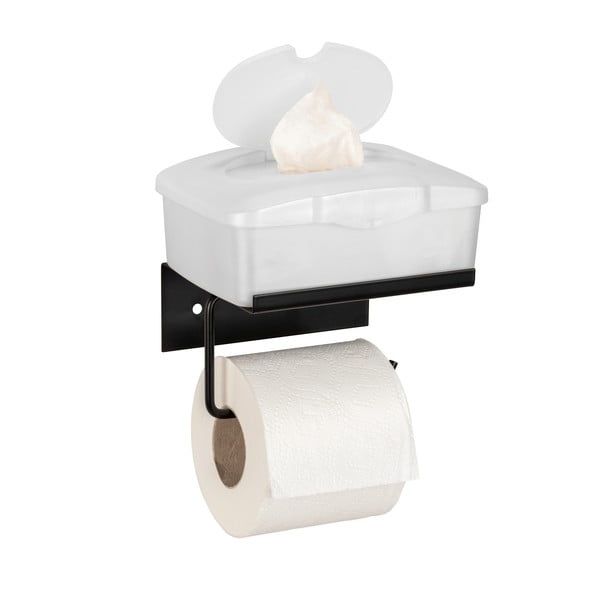 Černý samodržící kovový držák na toaletní papír s poličkou Desulo – Wenko-image-3