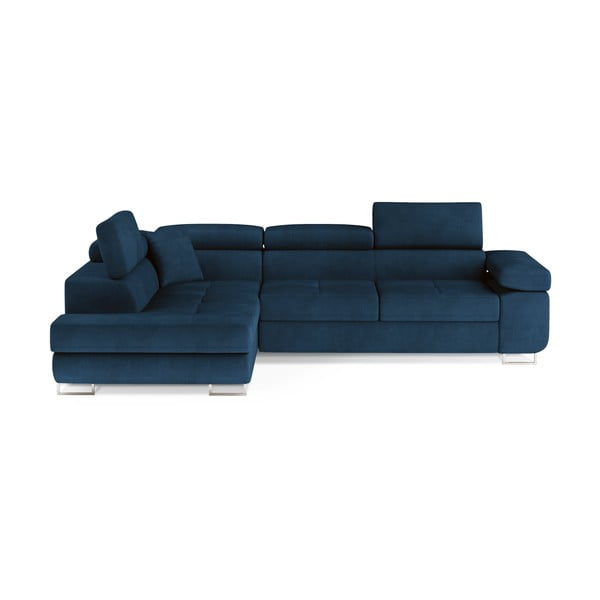 Modrá sametová rozkládací/s úložným prostorem rohová pohovka (levý roh/do L) Anton – ELTAP