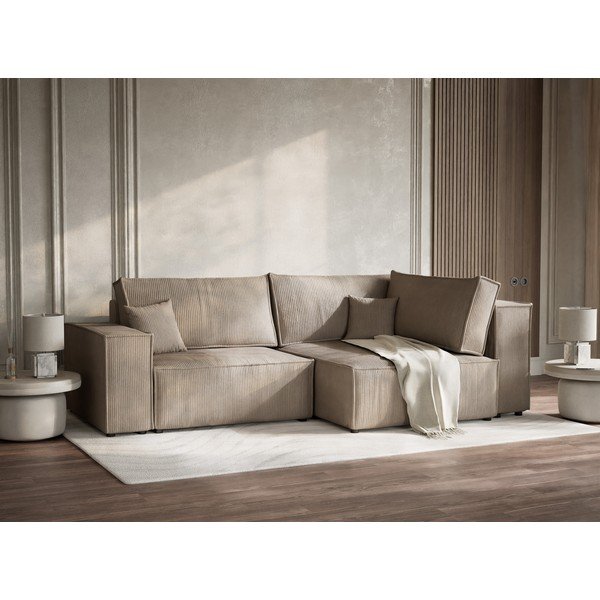 Béžová manšestrová rozkládací/s úložným prostorem rohová pohovka (pravý roh/do L) Tonga – Maison de Rêve-image-4